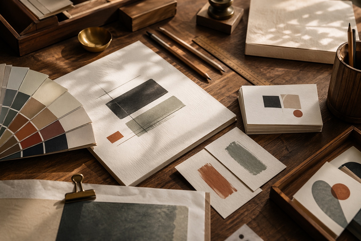 Farbmuster, Papierproben und Layout-Entwürfe für Corporate Design auf einem Holztisch