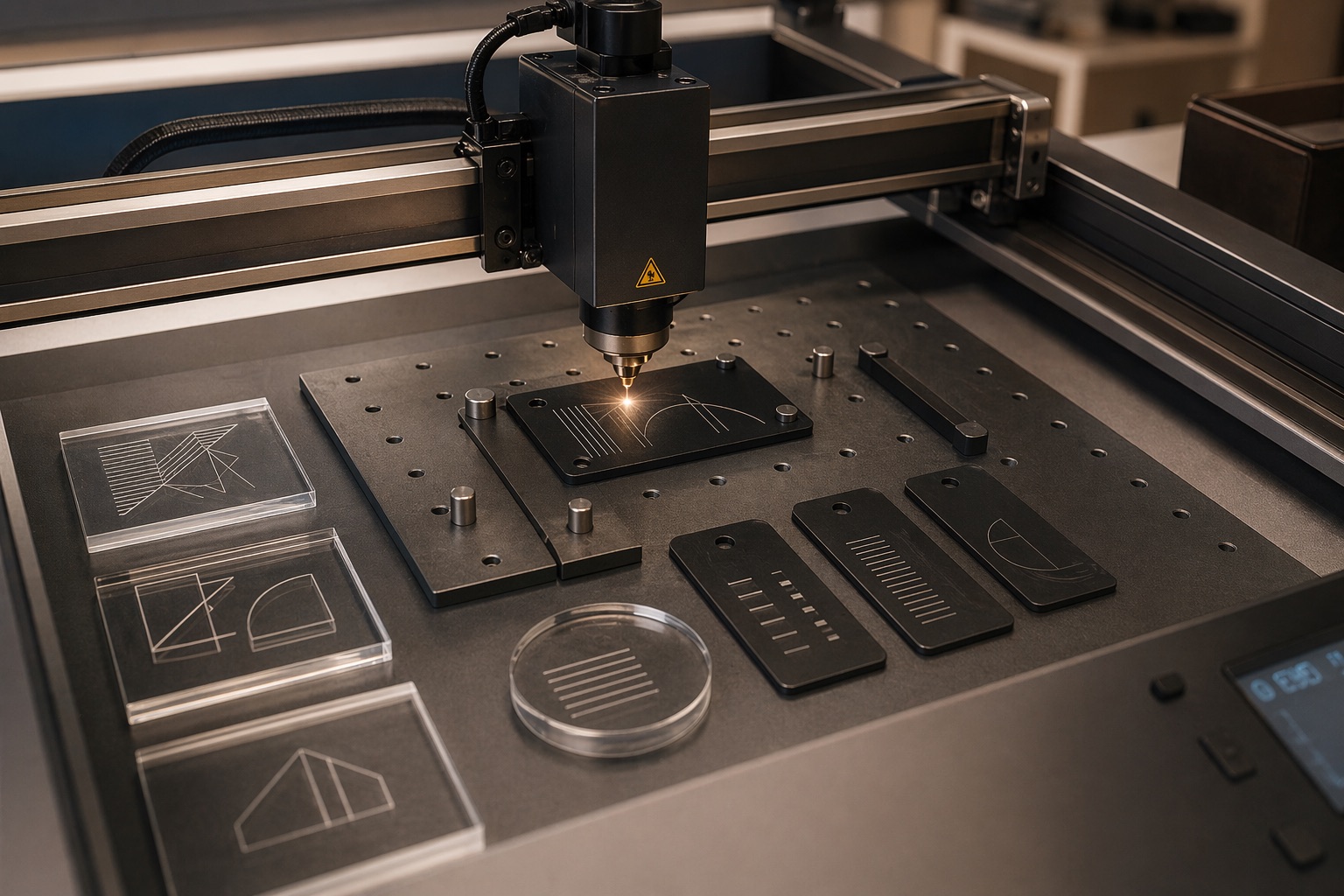 Lasergravur-Maschine graviert filigrane Linien in Acryl- und Holzplatten
